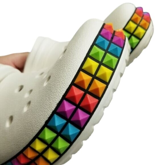 White Crocs Classic Clogs Rainbow Pyramid Studs Along Soles Unisex Size W11/M9 - Picture 5 of 15